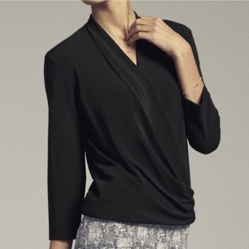 MM LaFleur The Deneuve Italian Crepe Drape Faux Wrap Top in Black Women’s Medium